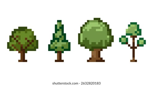 Set of pixel art trees in retro 8 bit style featuring green tree types with blocky design, perfect for video games, mobile apps, fashion print, design element, UI, animation, digital projects. Vector