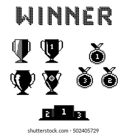 Set of pixel art trophy cup. Prize goblet on sport winner