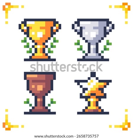 Set of pixel art trophy icons. Pixel art trophy set featuring gold, silver, bronze cups, and a star-shaped award. Ideal for achievements and rewards in games. 16x16 pixels.
