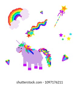 Set  of pixel art with unicorn, rainbow, magic stick, diamond and other magic elements on a white background. Vector illustration.