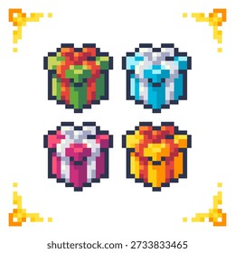 A set of pixel art vector icons featuring colorful gift boxes wrapped with ribbons and bows. Perfect for use as 2D game loot containers, holiday event rewards, or RPG inventory user interface elements.