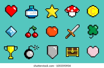 Set of  pixel art vector objects isolated. game 8 bit style. animistic pixel graphic symbols group collection.