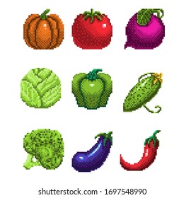 set of pixel art vegetables icon. 32x32 pixels. Vector illustration on a white background.