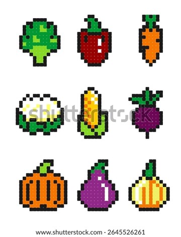 Set of pixel art vegetables icons in retro 8-bit style. Perfect for games, apps, or digital design.