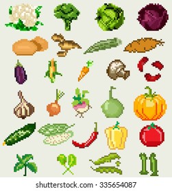 Set of pixel art vegetables. Vector game icons.