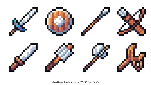 Conjunto de armas de pixel art para activos de juego. Iconos para juegos retro 2d de 8 bits