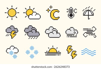 conjunto de pixel art ícone do tempo, pixel art estilo, ícone e símbolo como, ensolarado, nuvem, tempestade, onda, neve, inverno, chuvoso