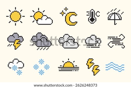 set of pixel art weather  icon, pixel art style, icon and symbol such as, sunny, cloud, storm, wave, snow, winter, rainy