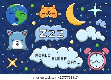 Set of Pixel Art World Sleep Day Vector Illustration. Earth, moon, pillow, alarm clock, sleep mask, stars.