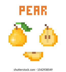 Set of pixel art yellow pears (uncut, cut in half, sliced) isolated on white background. Collection of 8 bit fruit icons. Old school vintage retro 80s, 90s slot machine/video game graphics. 