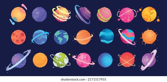 Conjunto de elementos astronómicos de píxeles. Pegatinas con diferentes planetas del universo o de la manera lechosa. Tierra, Marte, Júpiter, Saturno para juegos retro. Colección vectorial plana de dibujos animados aislada en fondo oscuro