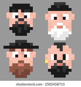 Conjunto de avatares de píxeles de hombres barbudos. Avatares del juego de personajes.