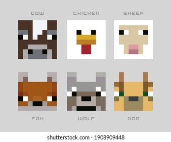 Set of pixel avatars. Heroes game concept cow, chicken, sheep, Fox, wolf, dog. Avatars concept of game characters. Vector illustration