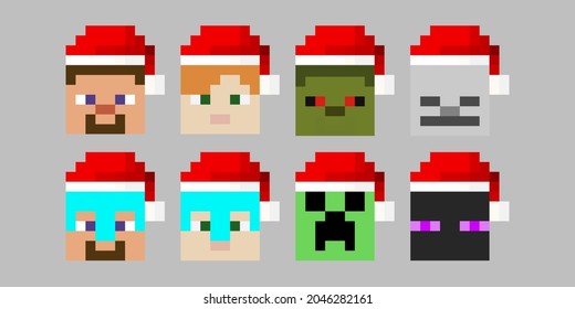 Set of pixel avatars with Santa Claus hat. Heroes game concept. Avatars concept of game characters. Vector illustration