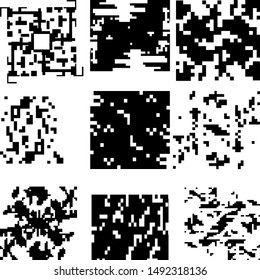 Set of pixel background. Abstract geometric black and white pixel vector art.