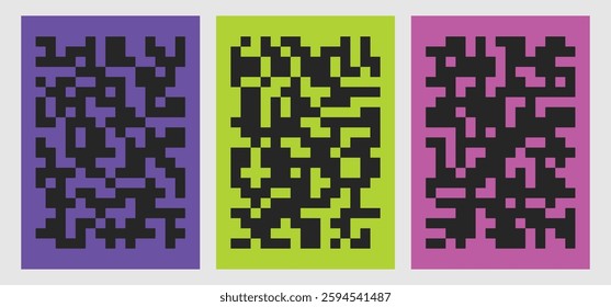 Set of pixel backgrounds. 8-bit black banners on a bright background. Random square spots backdrop. Mosaic cover grids