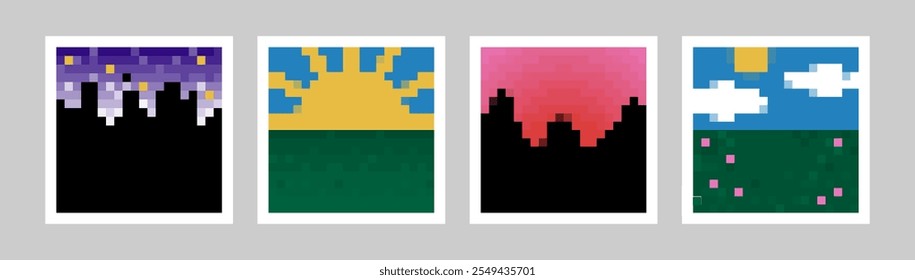 Set of pixel backgrounds with images of night, day, morning and evening. Collection of retro gaming backgrounds with pixelated sun, clouds, sunset, night urban landscape. Trendy vector illustrations.