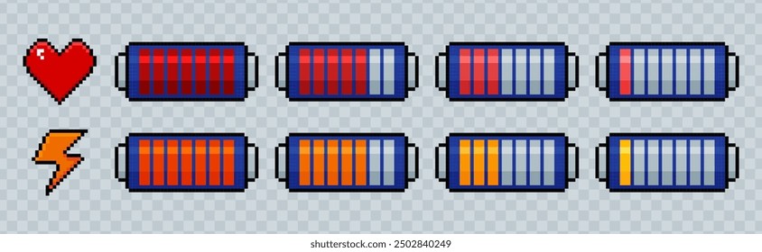 Satz von Symbolen für die Anzeige der Pixelakkuladung. Telefon-Ladestufen im 8bit Retro-Stil. Verpixelte Batterien, Liebesherzen oder Blitzsymbol. Volle Leistung und niedriger Energiezustand auf transparentem Hintergrund