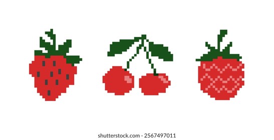 Set of pixel berries isolated on white background. 8 bit strawberry, cherry and raspberry. Pixel art, retro style. Design of video game objects of the 80s, 90s. Vector illustration
