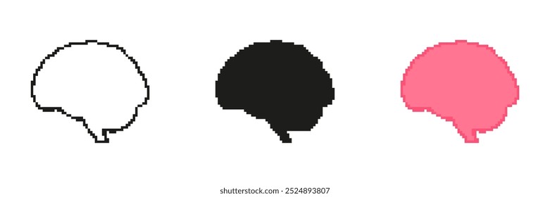 Set von Pixel-Gehirnsymbolen in ausgefüllten und Gliederungsversionen. Sammlung kognitiver verpixelter Symbole. Isolierte Vektorgrafik.