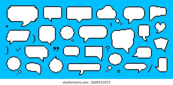 Set of Pixel Bubbles. Retro 8-Bit Speech Boxes for Games and UI. Set of empty pixelated speech bubbles. Vector illustration