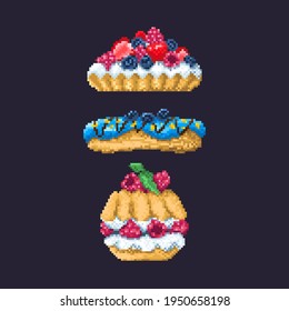 Set of pixel cakes and muffins. Four variation in different forms.
