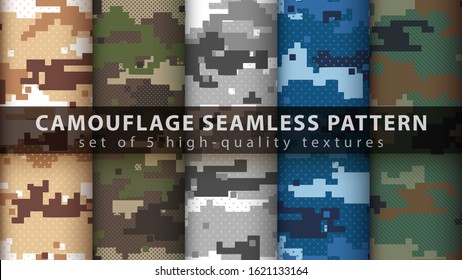 Set pixel camouflage military seamless pattern