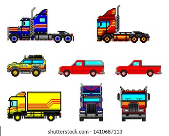 Set of pixel cars. Side view. Trucks and pickups. Vector flat graphic illustration. Isolated objects on white background. Isolate.