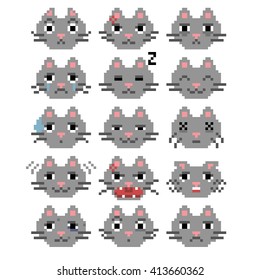 Set of pixel cat emoticons. Collection of isolated vector smile icons. 