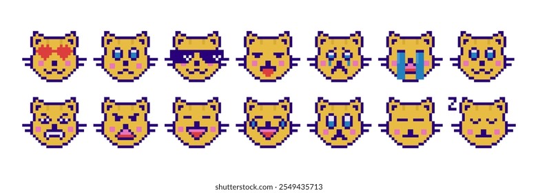 Set of pixel cats, pack of pixel emojis. Cute and funny faces, vector icons, 8 bits, collection of 14 yellow cats.