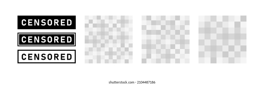 Set of pixel censored signs elements. Black censor bar concept. Blurred grey censorship background. Vector illustration.
