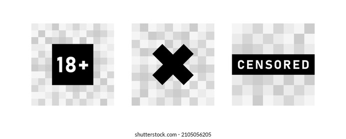 Set of pixel censored signs elements. Black censor bar concept. Blurred grey censorship background. Vector illustration.
