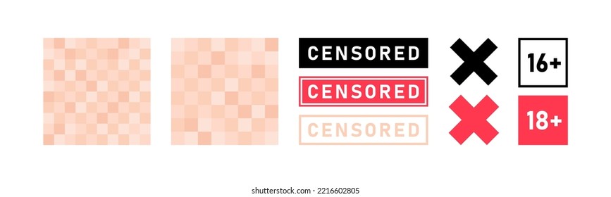 Set of pixel censored signs elements. Black and red censor bar concept. Blurred beige censorship background. Vector illustration.