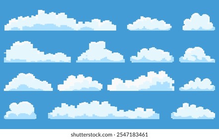 Set of pixel cloud in a flat design. White cloud collection