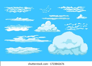 Set of pixel clouds in different size and shape vector illustration. Visible mass floating in atmosphere flat style. Old school game design. Isolated on blue background