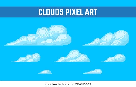 Set of pixel clouds with dithering effect on blue background. Old school computer graphic style.