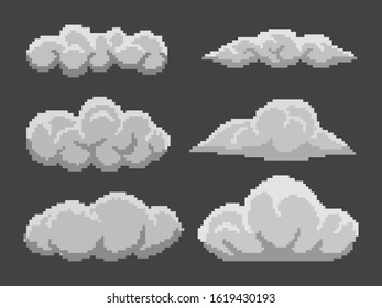 Set of pixel clouds on black background.