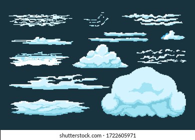 Set of pixel clouds in various shapes and sizes vector illustration. Fluffy old school design flat style. Apps and computer games concept. Isolated on dark background