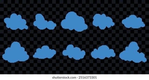 Set of pixel clouds. Vector blue elements.