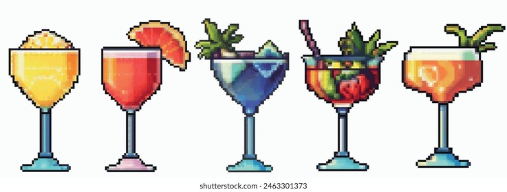 Set of Pixel cocktail icon. Retro 90s gaming 8 bit icon of pixel mosaic glasses of cocktail drink. Vector pixel classic party beverage for game and stickers. Summer vacation icons set