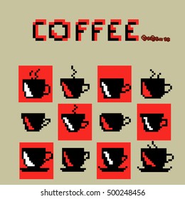 Set of pixel coffee cups on brown background.