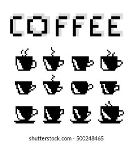 Set of pixel coffee cups on white background.