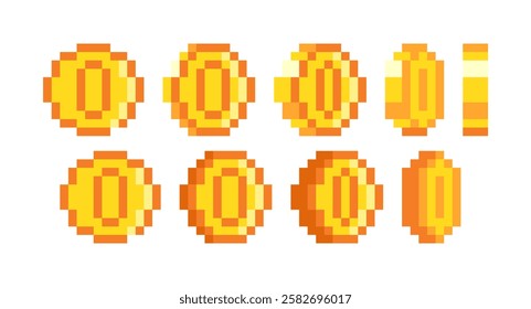 Set of pixel coins collection,pixel gold coin for 8-bit retro video game. Golden dollar cent 360 spinning animation loop frames, Round shiny vintage metal money, retro 8 bit game coins asset.