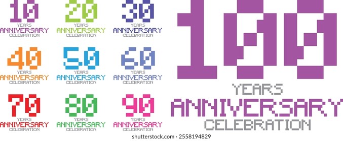 set of pixel color number 10 20 30 40 50 60 70 80 90 and 100 with words anniversary celebration in the bottom, isolated on white background.