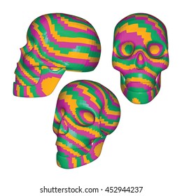Set of Pixel Colored 3D Geometric Skulls on White. Orange Pink and Green Colored Skulls in Different Views. Stylish Design Elements in Rainbow Colors. Low Poly Realistic Vector Illustration. 