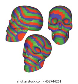 Set of Pixel Colored 3D Geometric Skulls on White. Red Violet and Green Colored Skulls in Different Views. Stylish Design Elements in Rainbow Colors. Low Poly Realistic Vector Illustration. 