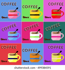 Set of pixel colorful coffee cups