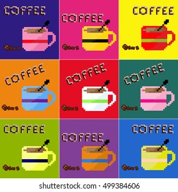 Set of pixel colorful coffee cups