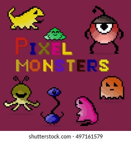 Set of pixel colorful monsters. Vector of funny pixel monsters.Ideal for children room decoration, wrapping, cards, baby shower, banners, backgrounds.