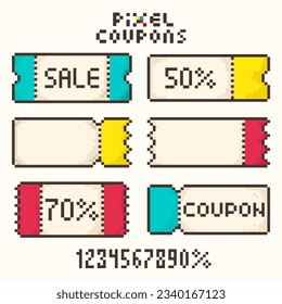 Set of pixel coupons.Sale ticket template, discount,bright 8-bit coupon. Vector illustration